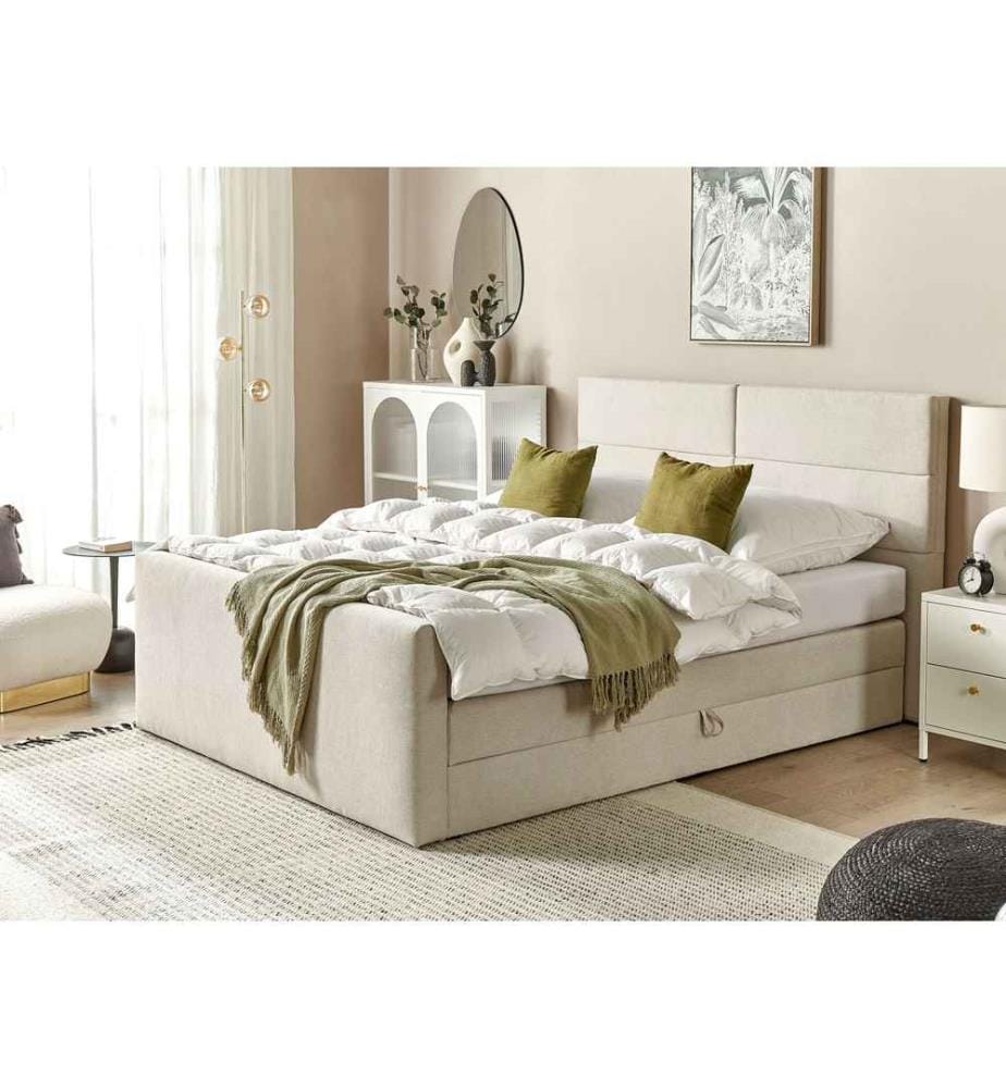 Lit Double Boxspring en Tissu Beige 160 x 200 cm Confortable Tête de Lit Tapissée avec Matelas et Rangement pour Chambre Moderne ou Minimaliste
