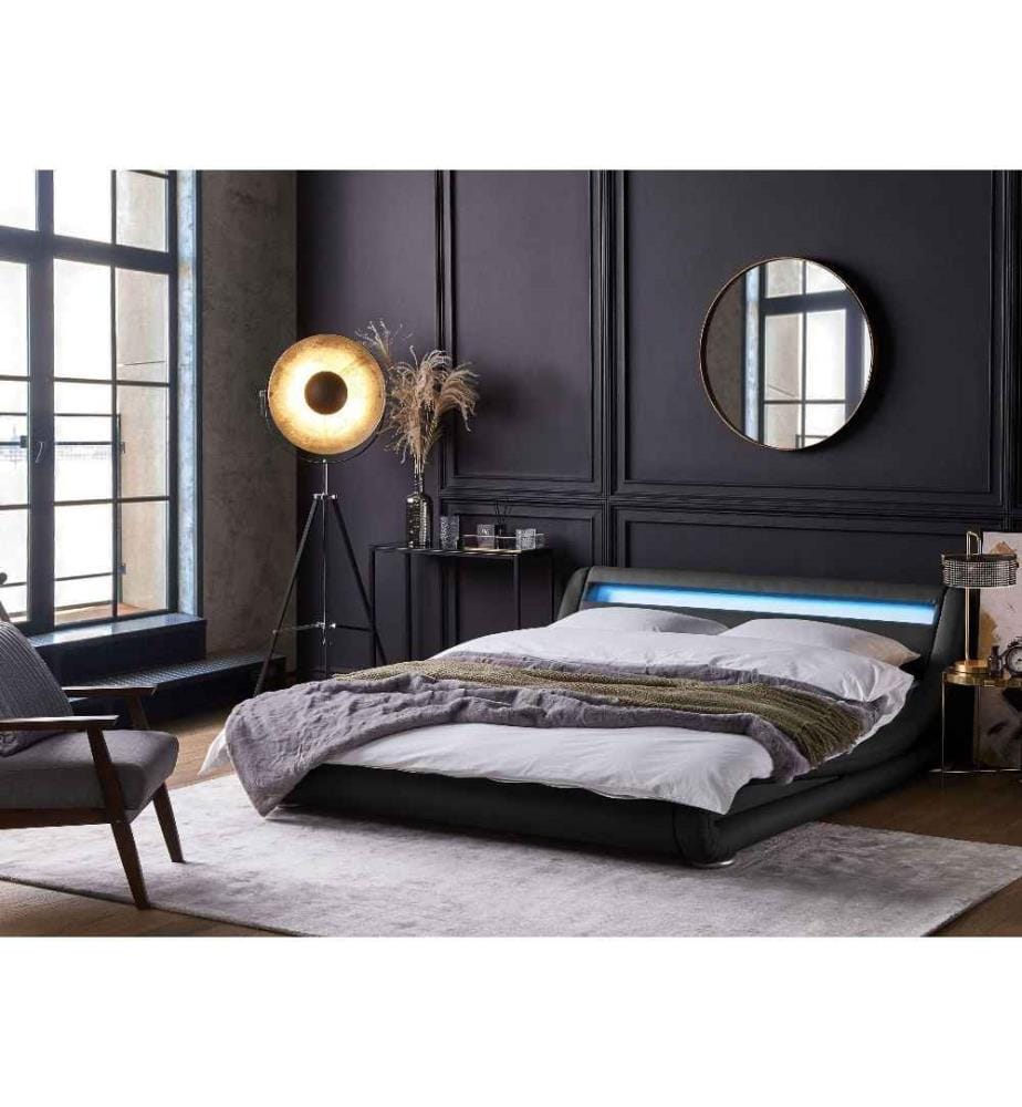 Lit Futon Noir en Cuir PU 180 x 200 cm avec LED Élégant et Moderne pour Chambre au Style Glamour Deux Places avec Sommier et Cadre de Lit