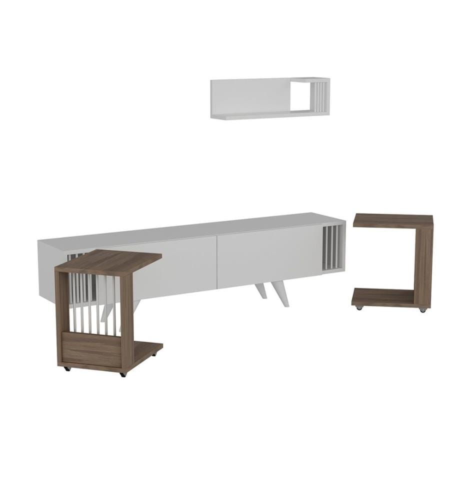 Table TV avec étagère et 2 tables d'appoint Glostrup aspect chêne blanc