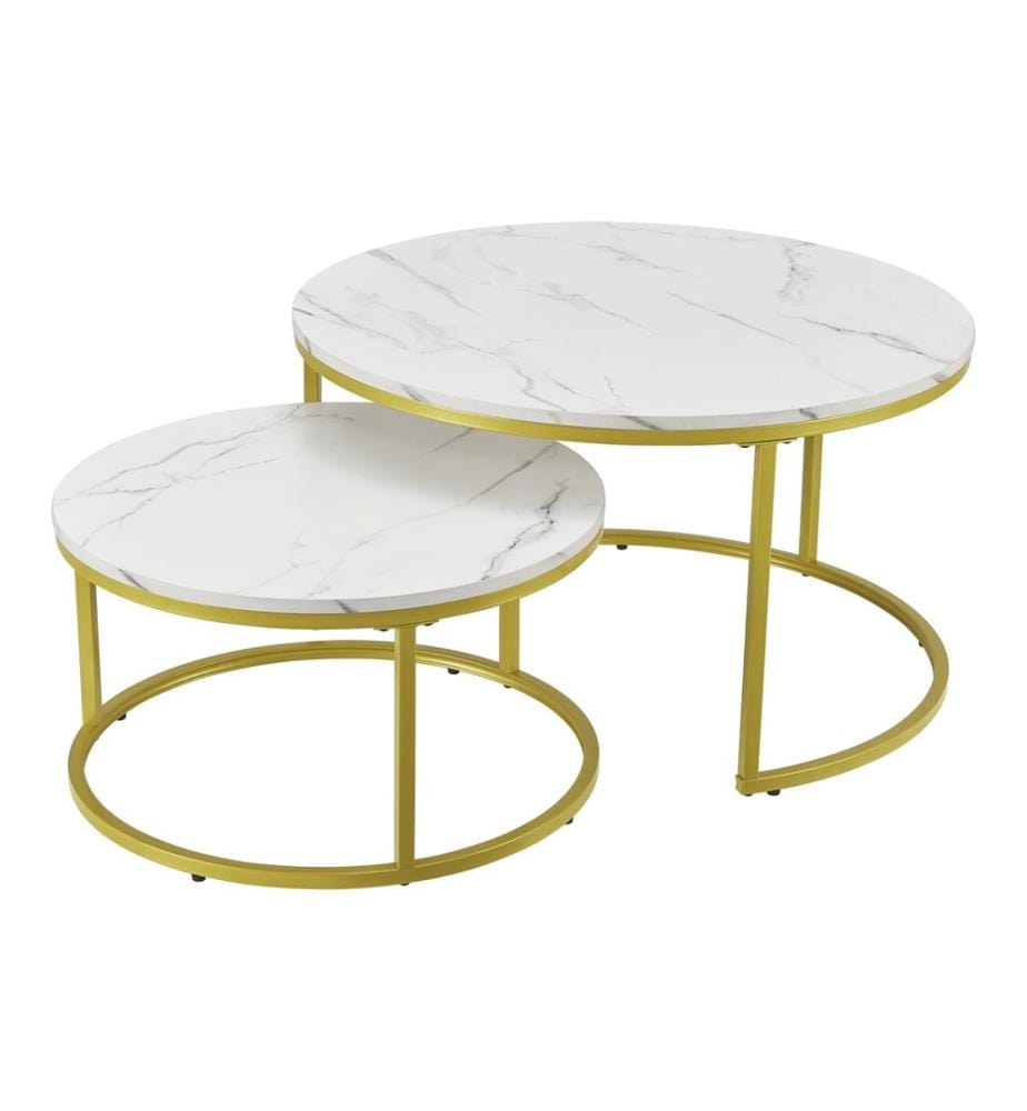 Lot de 2 tables basses Christchurch rondes en marbre. Blanc et or