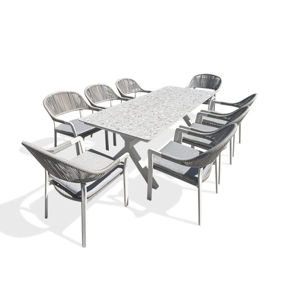 Ensemble table de jardin ABELLA (220x90 cm) en aluminium et plateau sinterstone et 8 fauteuils ABELLA - BLANC