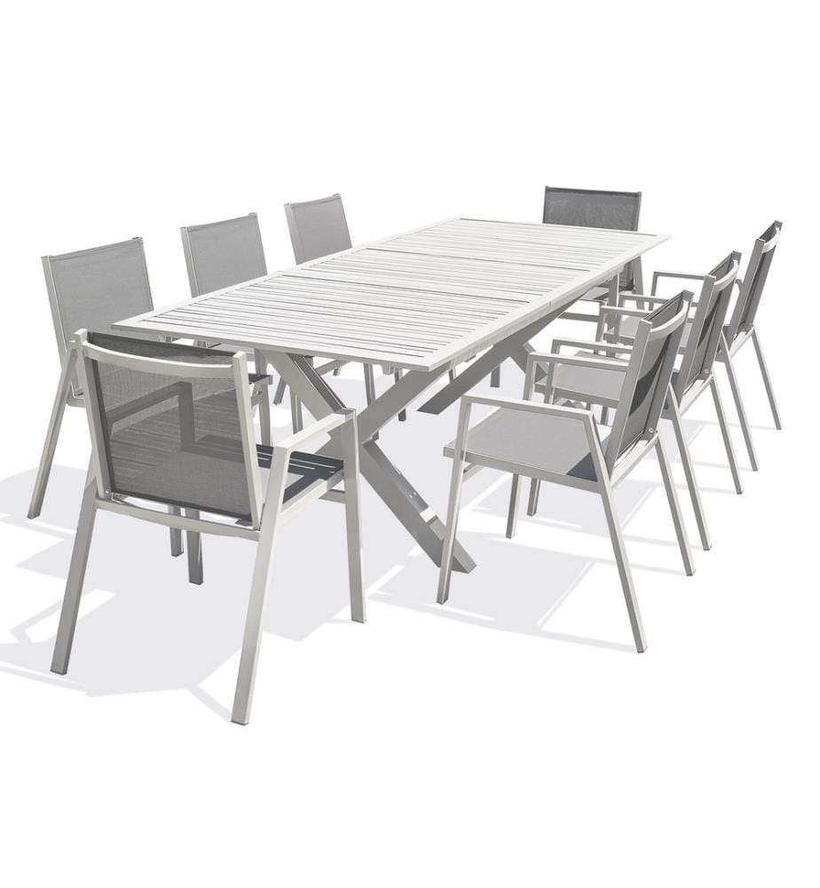 Ensemble table de jardin FLORIDE (180/240x100 cm) en aluminium avec rallonge automatique et 8 fauteuils FLORIDE empilables