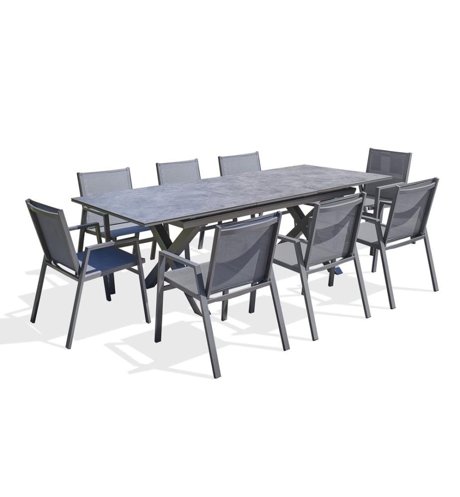 Ensemble table de jardin FLORIDE (180/240x100 cm) en aluminium et plateau en céramique sur verre avec rallonge automatique et 8 fauteuils FLORIDE empilables