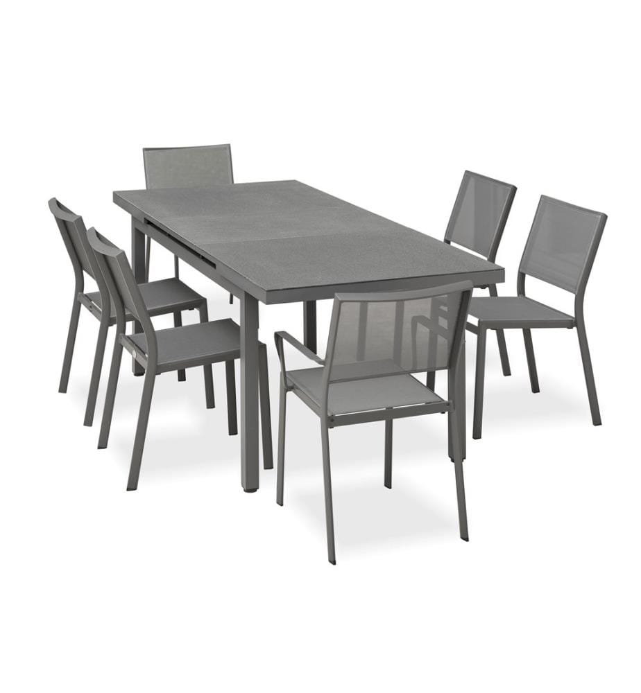 Ensemble table de jardin DANIA (160/210x90 cm) en aluminium et spraystone avec rallonge automatique, de 4 chaises et 2 fauteuils STOCKHOLM - GRIS ANTHRACITE