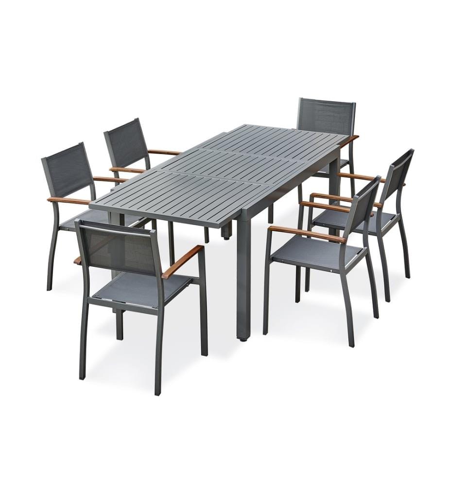 Table à rallonge intégrée - Fauteuil de jardin empilable avec accoudoirs en bois d'acacia - Gris anthracite