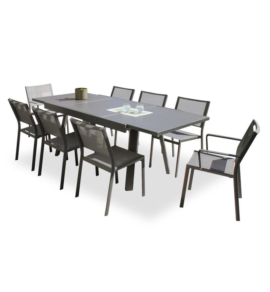Ensemble table de jardin STOCKHOLM (150/225x96 cm) en aluminium avec rallonge intégrée, 6 chaises et 2 fauteuils STOCKHOLM empilables