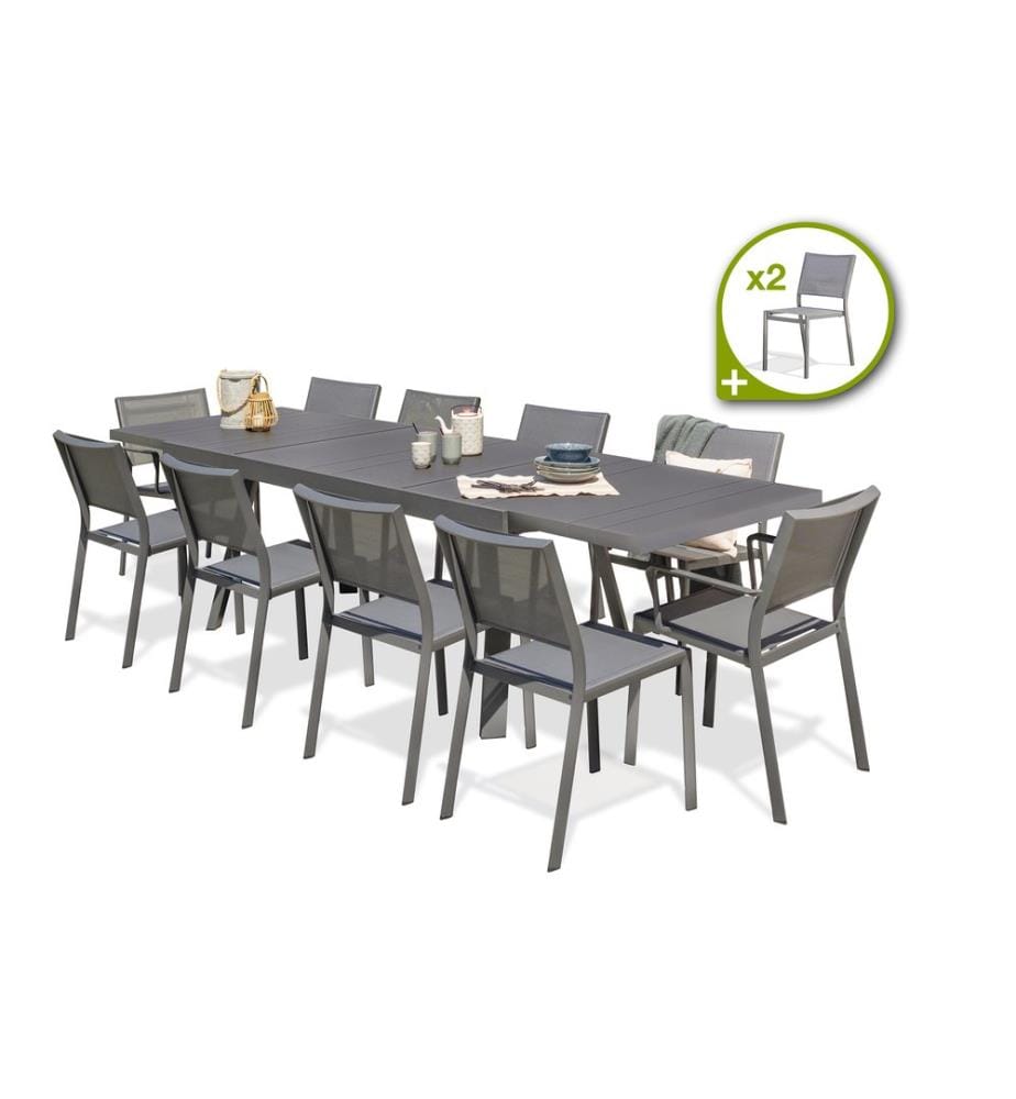 Ensemble table de jardin STOCKHOLM (200/300x96 cm) en aluminium avec rallonge intégrée, 10 chaises et 2 fauteuils STOCKHOLM empilables