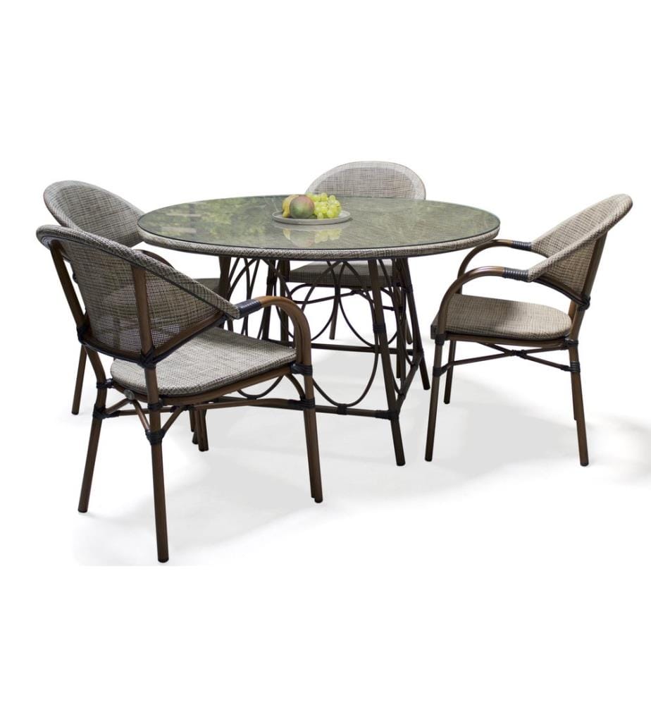 Ensemble table de jardin ronde USHUAIA (diam. 125 cm) en aluminium et textilène beige et 4 fauteuils USHUAIA empilables