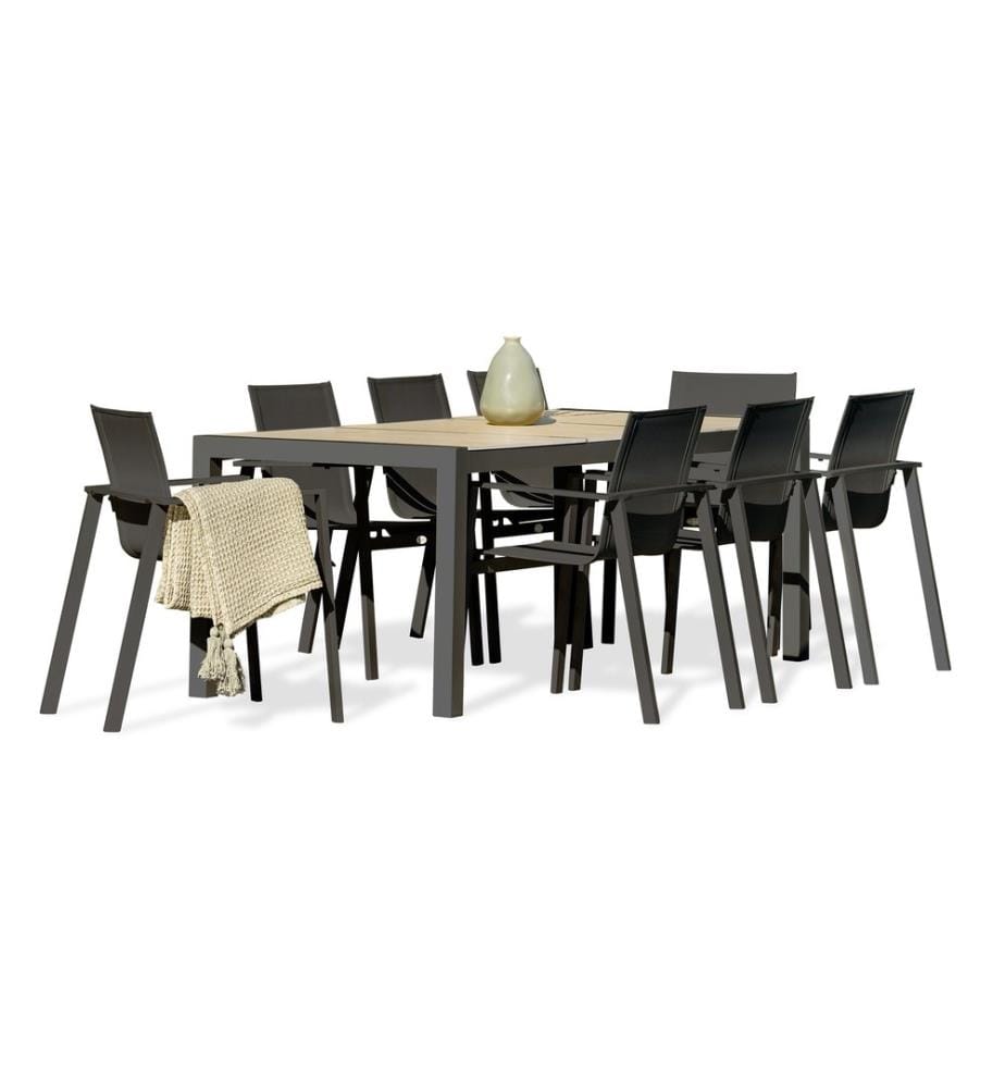 Ensemble table de jardin VENISE (195x90 cm) en aluminium et céramique et 8 fauteuils MIAMI empilables