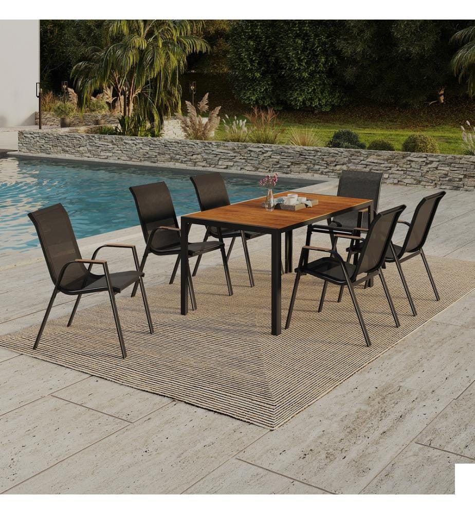 Ensemble repas Timbia 6 places noir et verre trempé effet bois