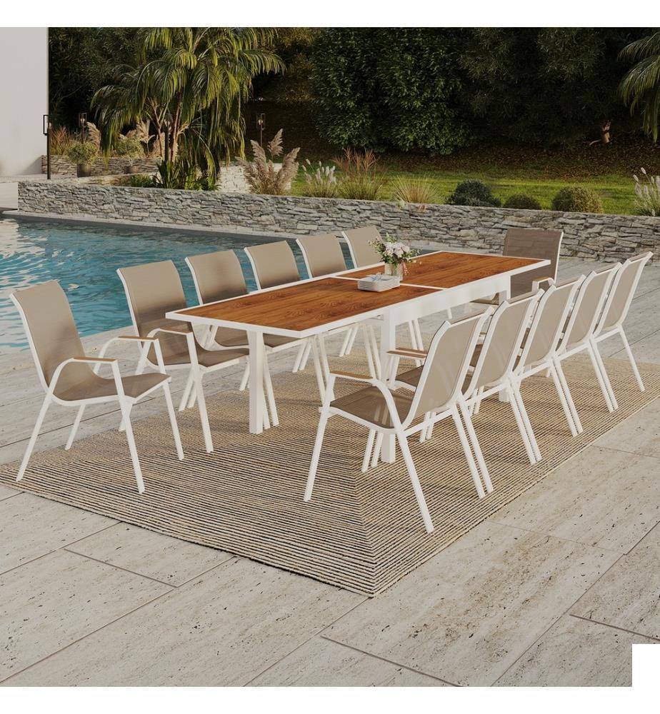 Ensemble repas extensible Timbia 12 places blanc verre trempé effet bois
