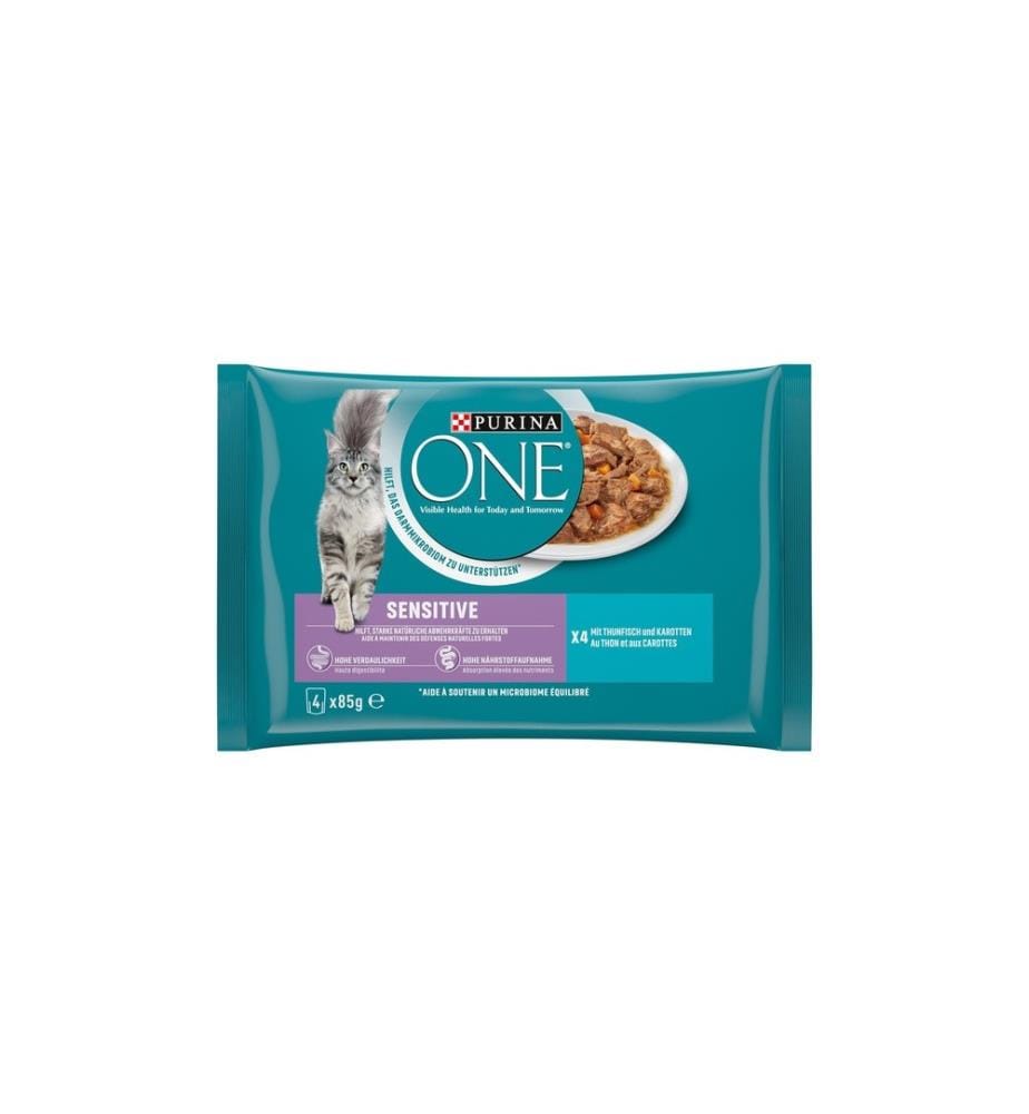 PURINA ONE - Alimentation humide SENSITIVE en sauce thon/carottes, 4 x 85g