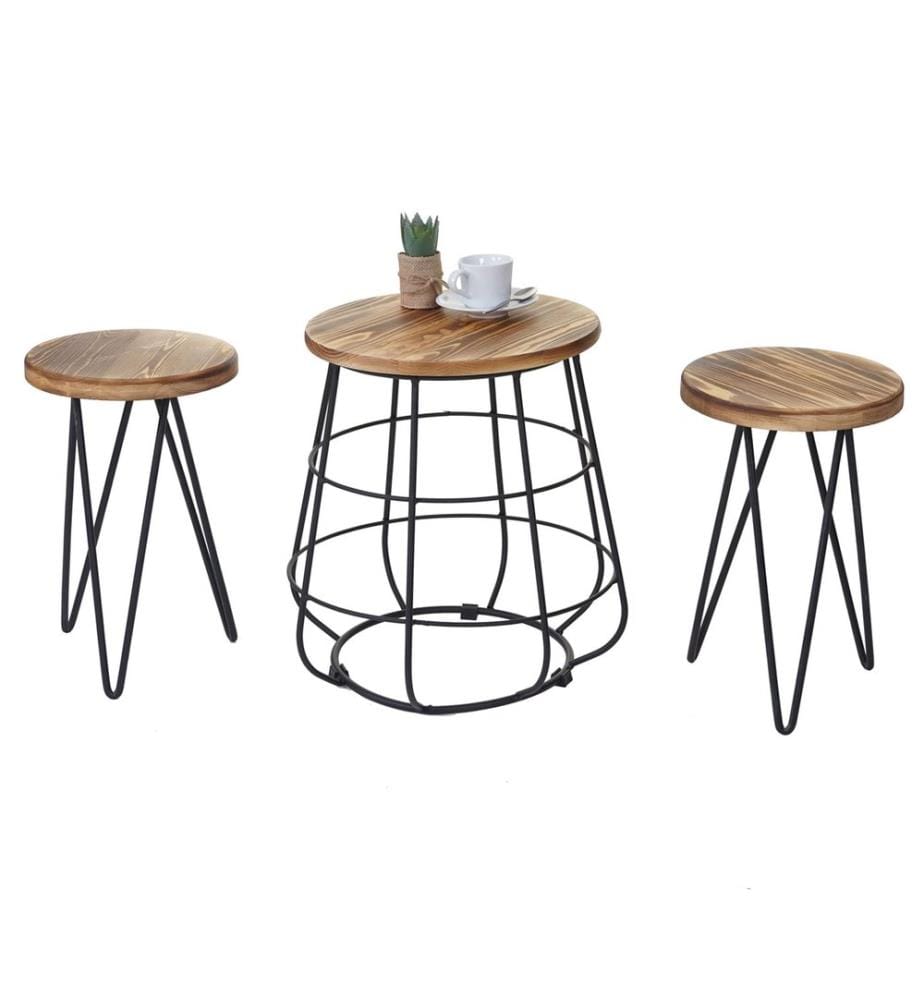 2x Pouf avec table design industriel bois véritable