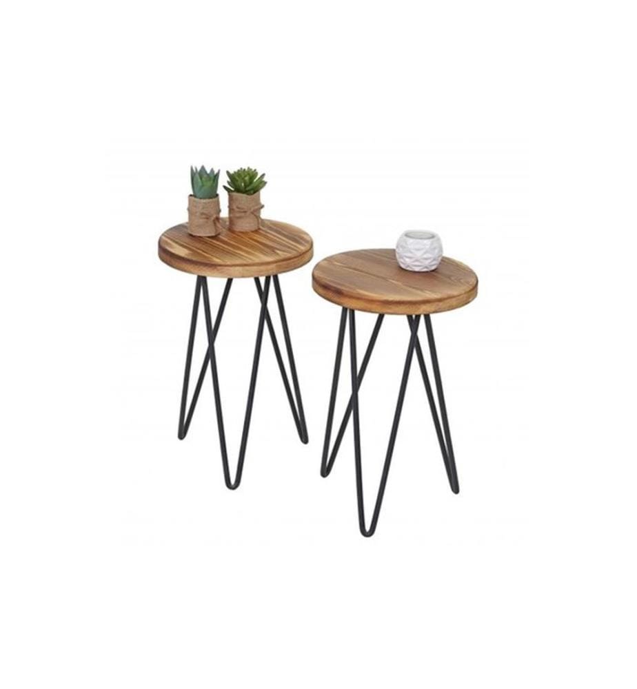 2x table d'appoint table de chevet design industriel bois véritable Ø25 cm