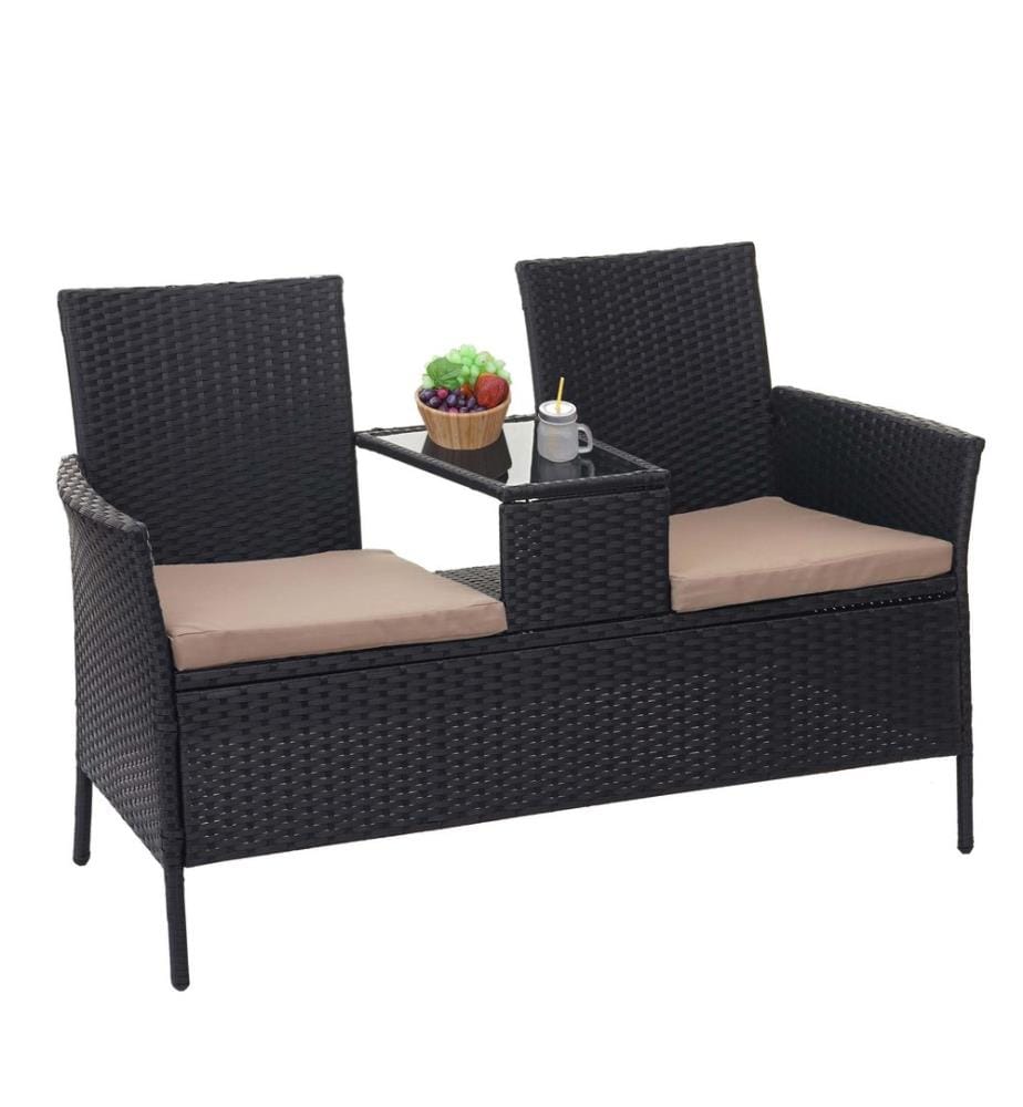 Rotin Banc de jardin avec table 132 cm - noir Coussin crème