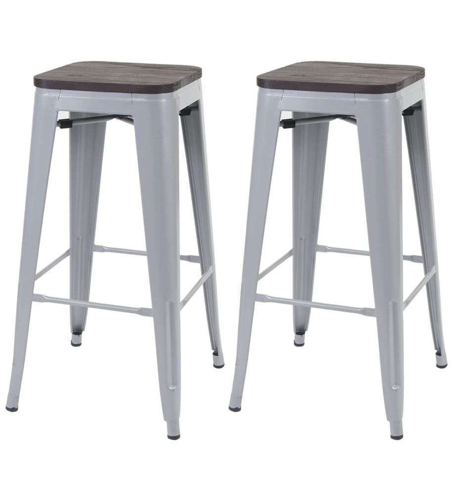 2x Tabouret de bar métal avec assise bois design industriel - gris