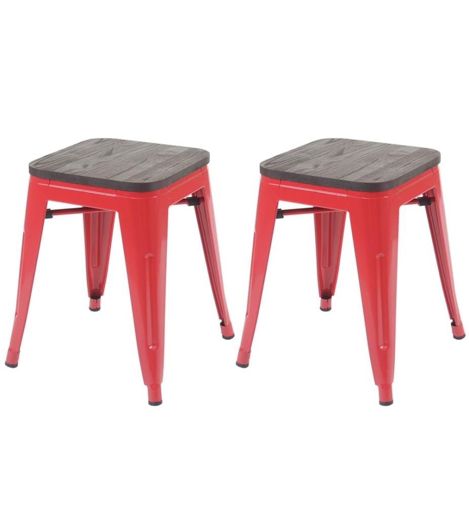 2x tabouret Tabouret en métal avec assise en bois design industriel empilable rouge