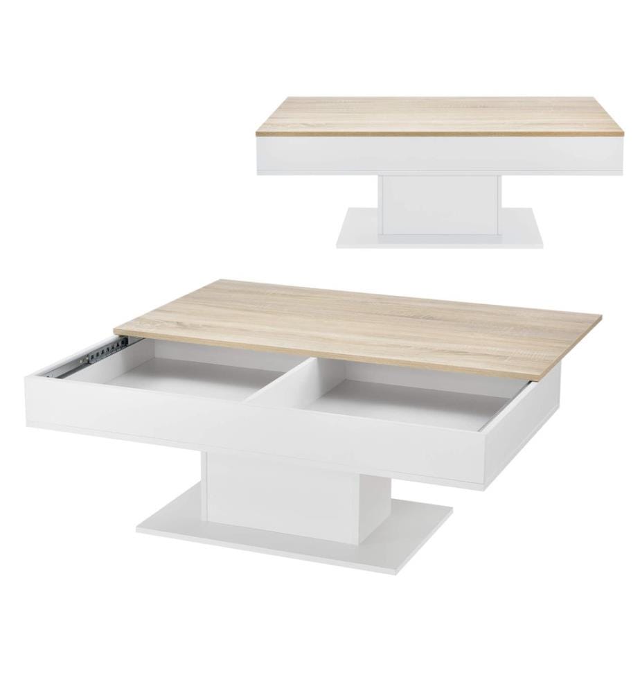 Table basse Lünen 40x110x60 cm avec 2 compartiments de rangement imitation chêne blanc