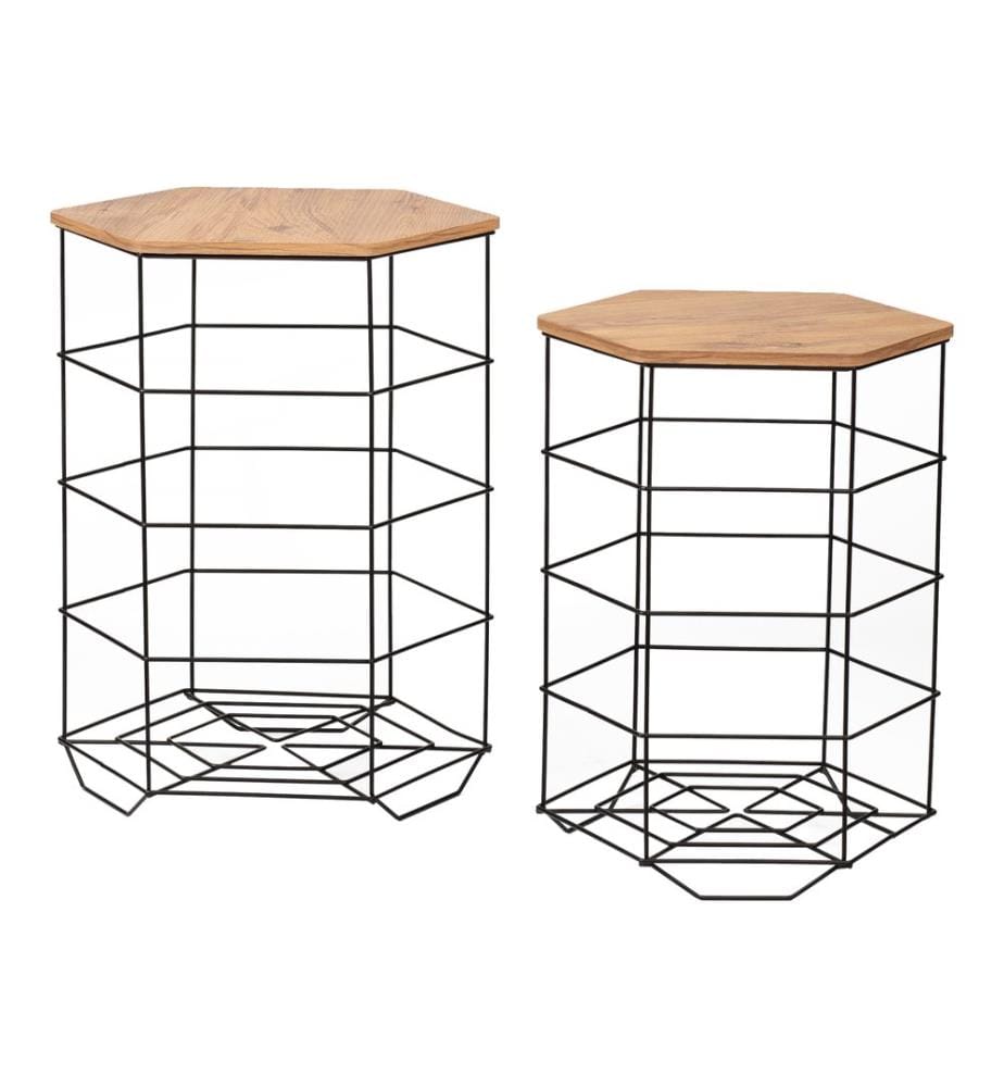 Set de tables d'appoint Hørsholm 2 pièces Panier métallique Noir Couleurs bois
