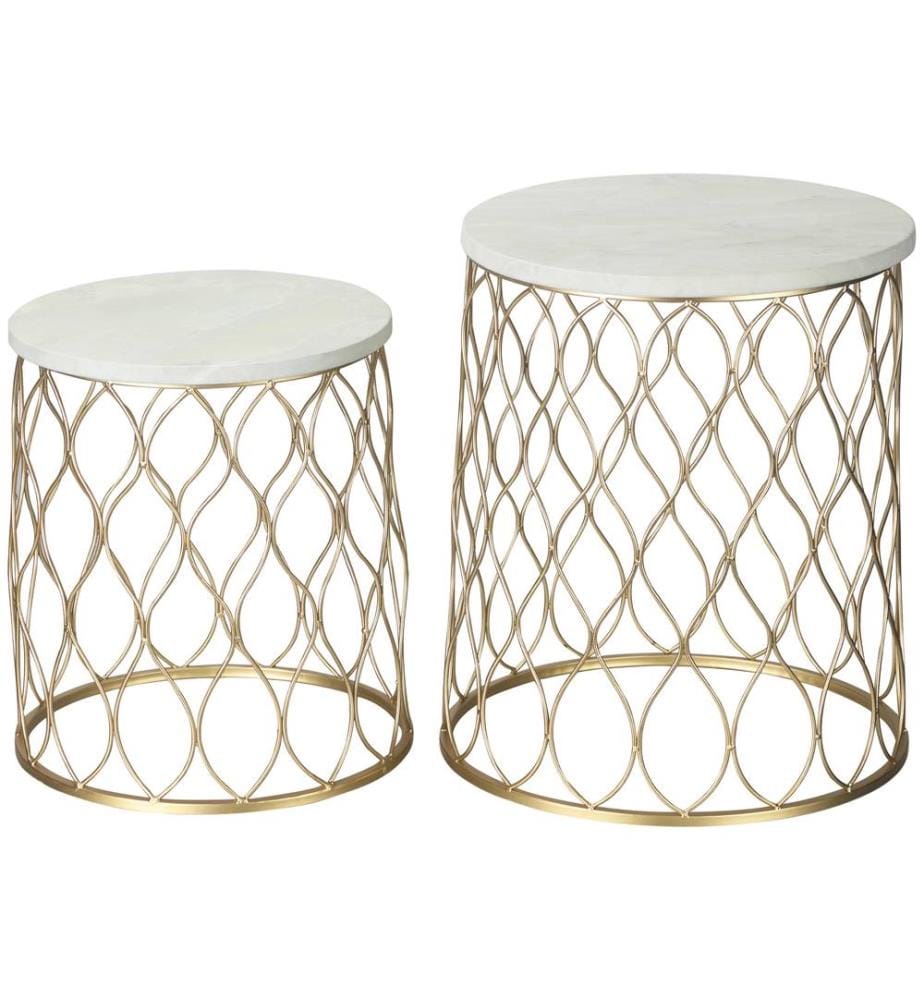 Lot de 2 tables de jardin rétro panier en fil métallique design or-blanc