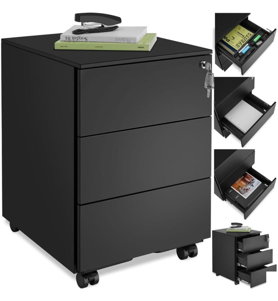 Caisson de bureau à roulettes Magna avec 3 tiroirs verrouillables - noir