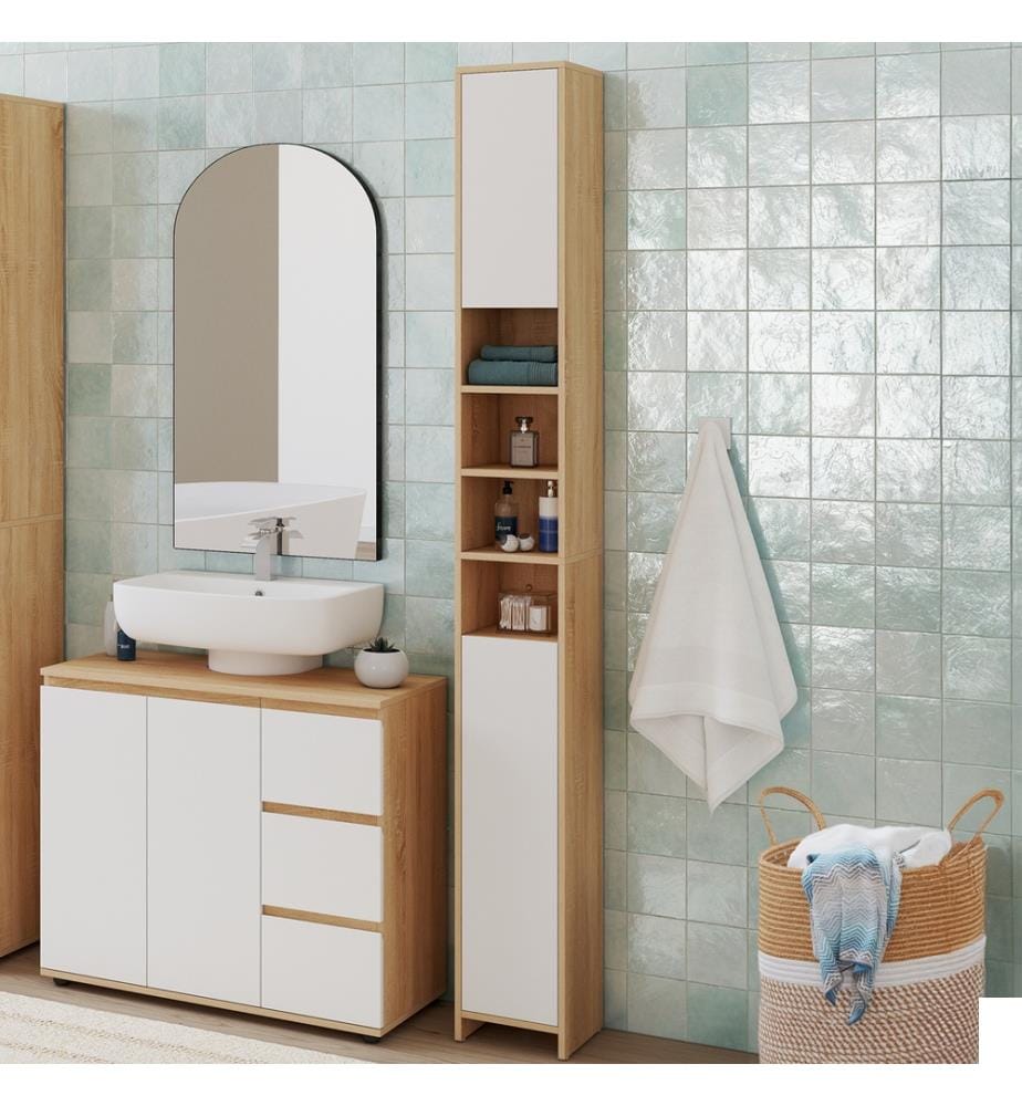 Colonne salle de bain Tom 2 portes 4 niches - Brun et Blanc
