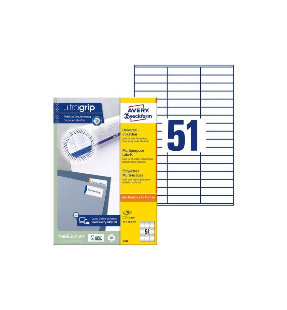 AVERY - Zweckform Étiquettes universelles 3420 70 x 16.9 mm, 100 feuille