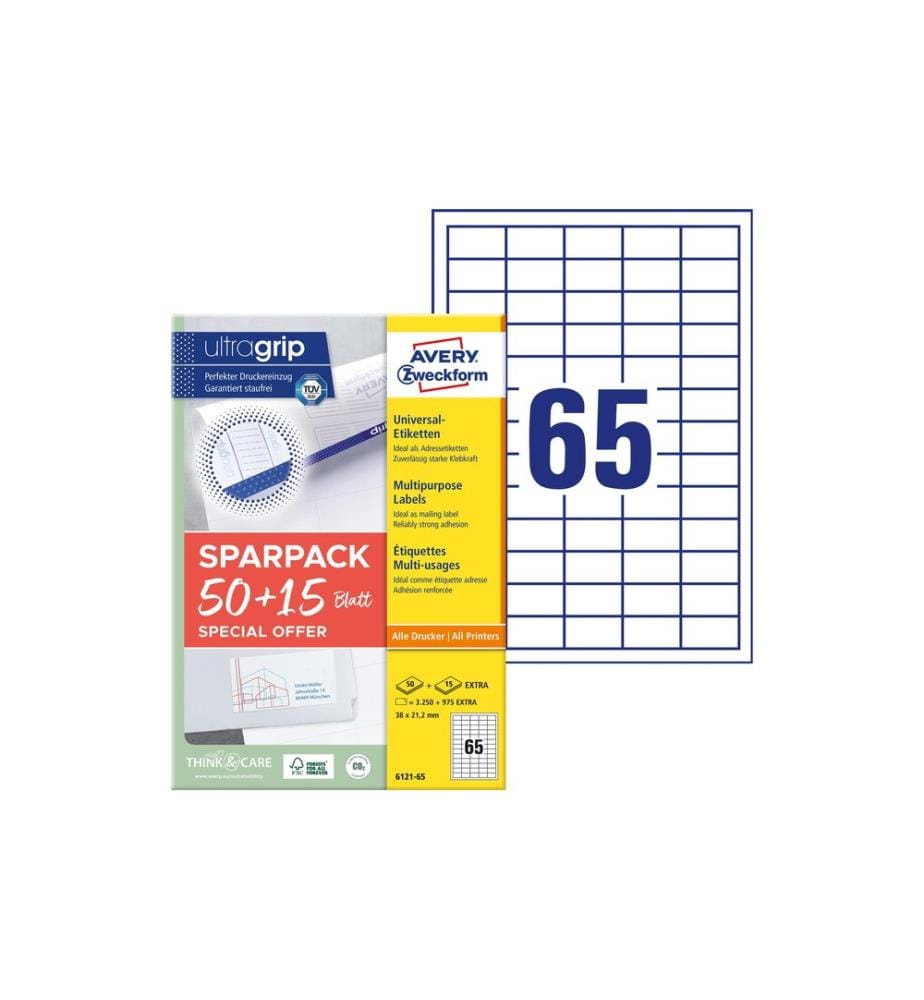AVERY - Zweckform Étiquettes universelles 6121-65, 38 x 21.2 mm, 65 feuille