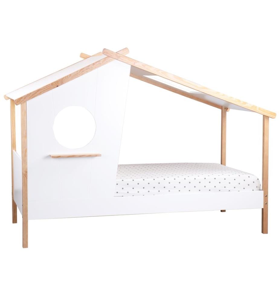 Lit de maison Lit d'enfant 90x200 cm avec coffre de lit Blanc-Naturel
