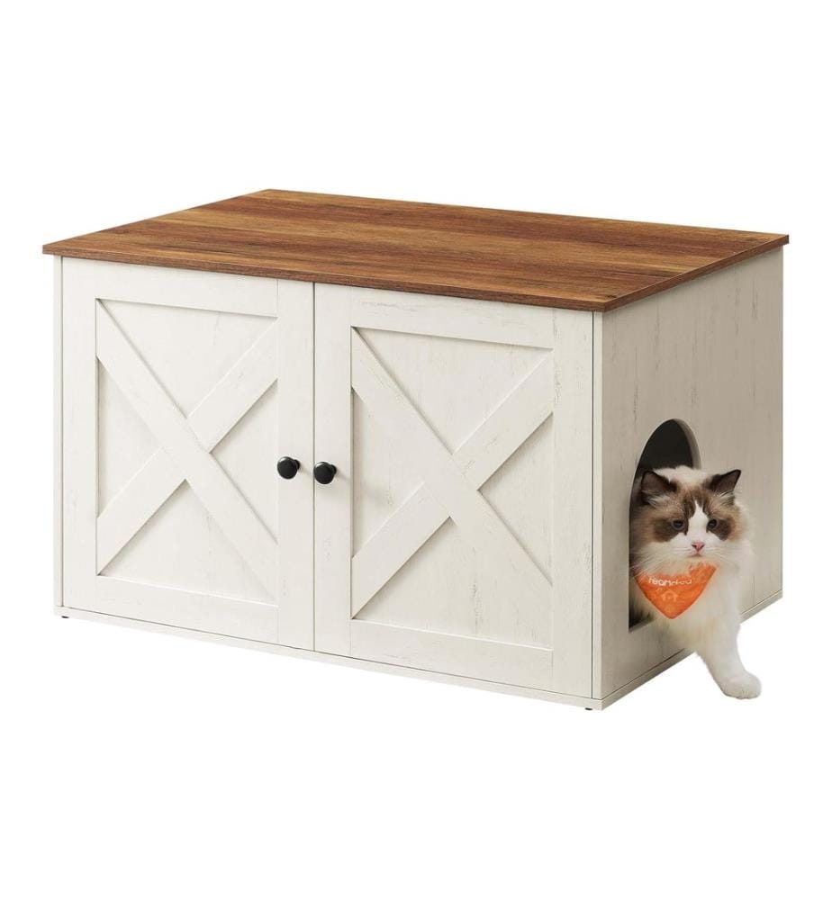 Feandrea - Maisonnette pour chat pour les toilettes 80 x 53 x 50 cm, Brun/Blanc