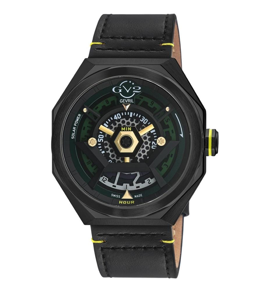 Montre Stella Solare Power Black avec Bracelet Italien en Cuir Noir et Doré fait main - 44 mm
