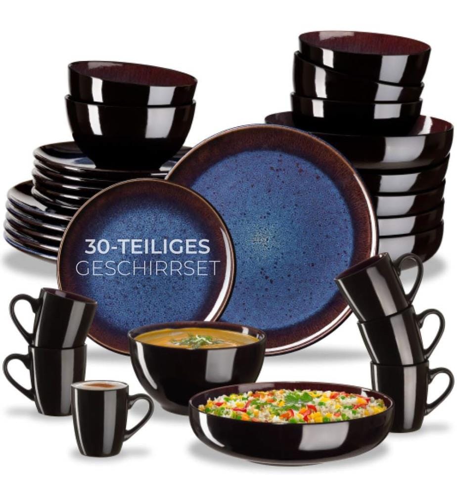 Set de vaisselle MARE en faïence pour 6 personnes - 30 pièces, bleubrun
