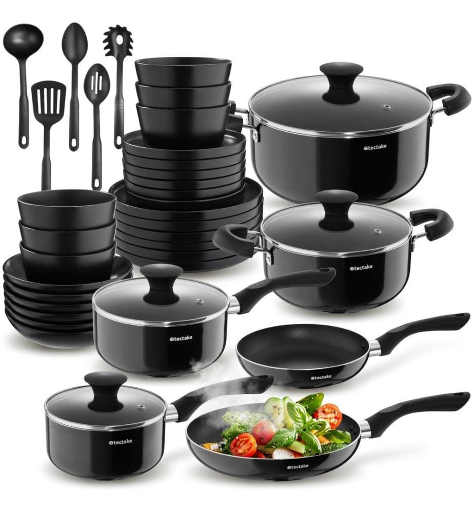 Set de cuisine pour 6 personnes avec vaisselle et casseroles - noir, 39 pièces