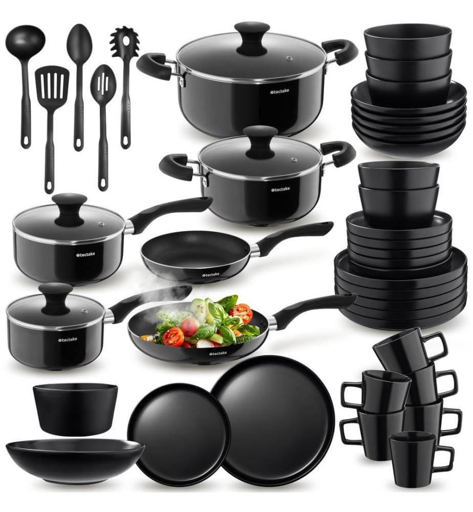 Set de cuisine pour 6 personnes avec vaisselle et casseroles - noir, 45 pièces