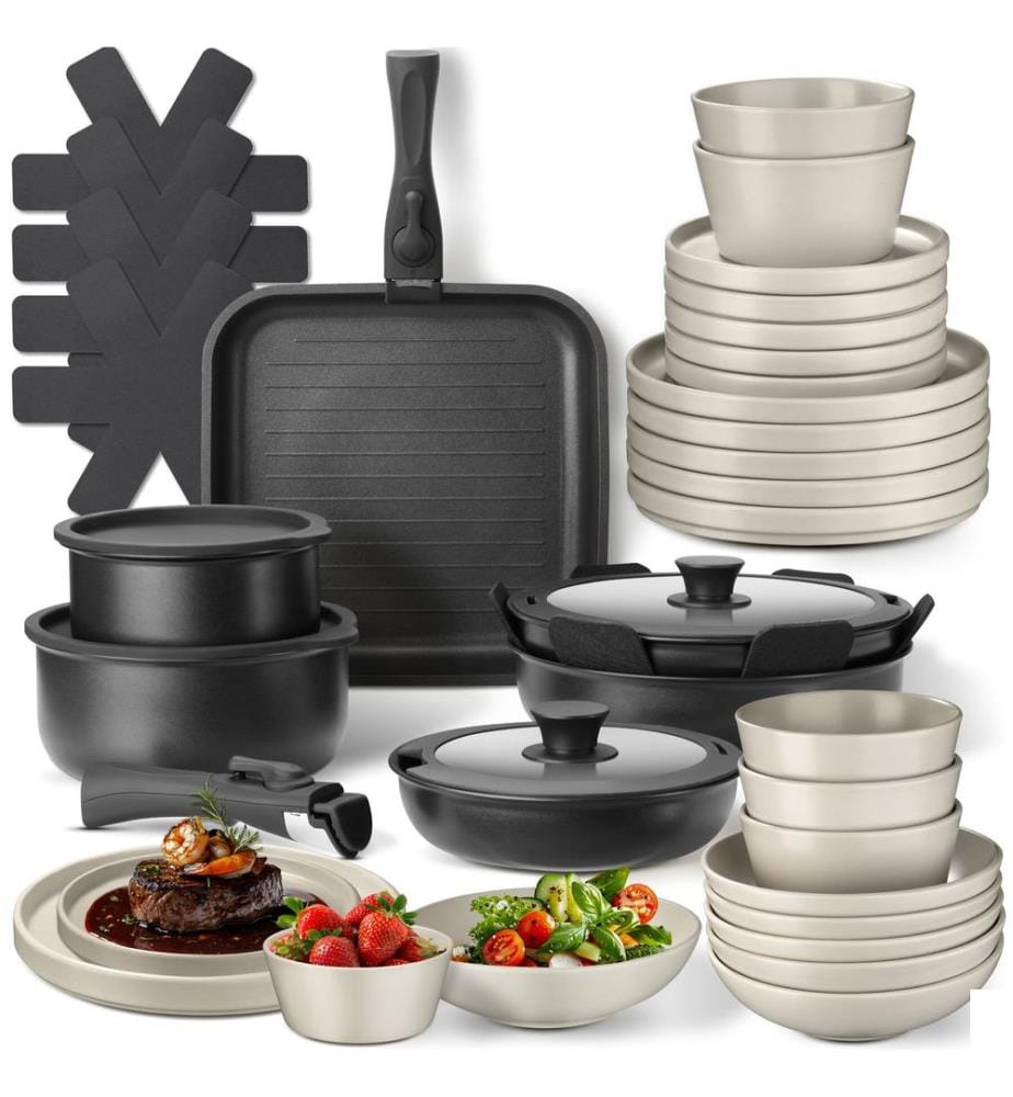 Kit de cuisine pour 6 personnes avec vaisselle, casseroles, etc - noirtaupe, 41 pièces