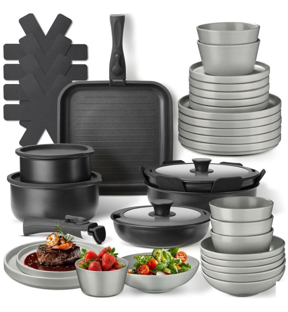 Kit de cuisine pour 6 personnes avec vaisselle, casseroles, etc - grisnoir, 41 pièces
