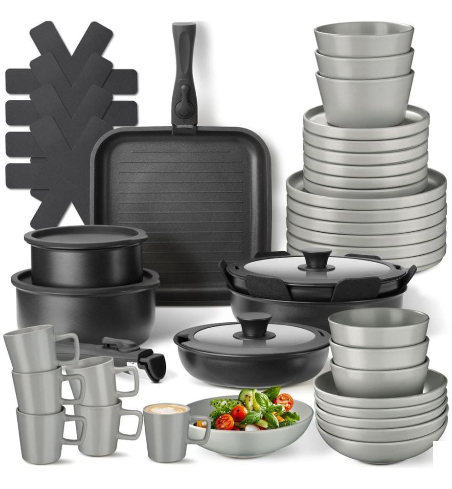 Kit de cuisine pour 6 personnes avec vaisselle, casseroles, etc - grisnoir, 47 pièces