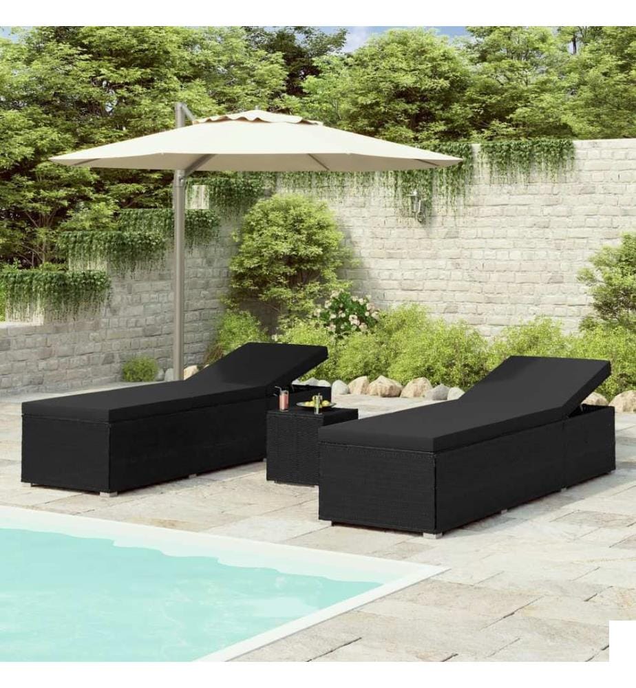vidaXL Chaises longues de jardin table à thé 3 pcs Résine tressée Noir