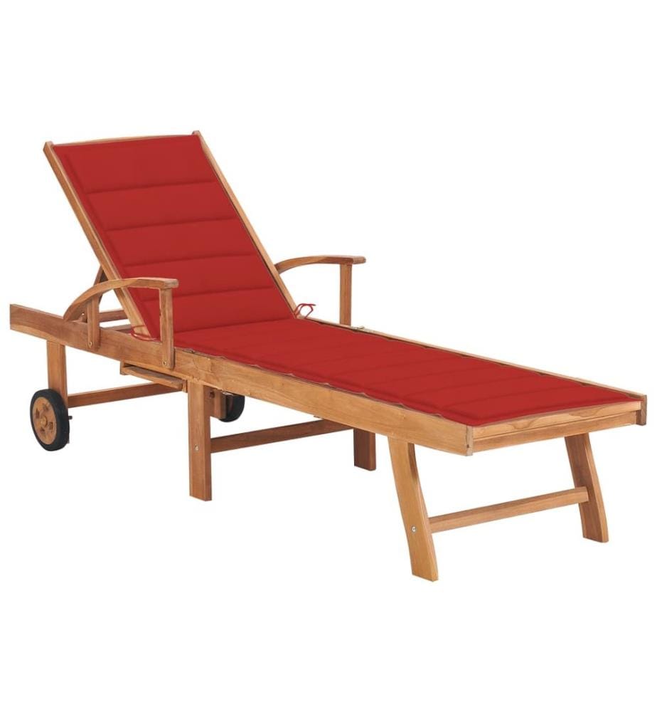 vidaXL Chaise longue avec coussin rouge Bois de teck solide