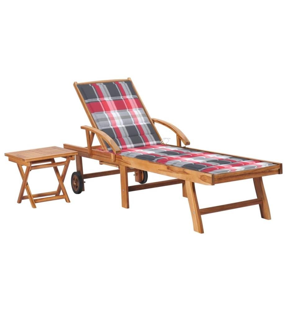 vidaXL Chaise longue avec table et coussin Bois de teck solide