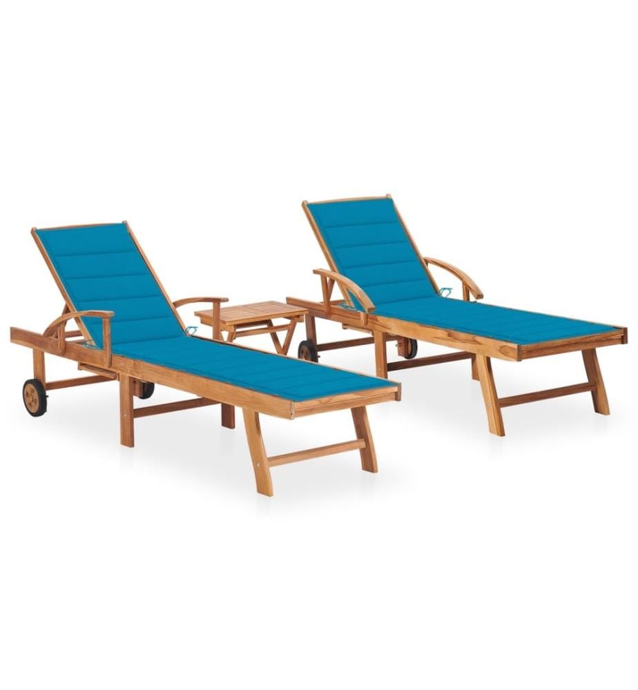 vidaXL Chaises longues 2 pcs avec table et coussin Bois de teck solide