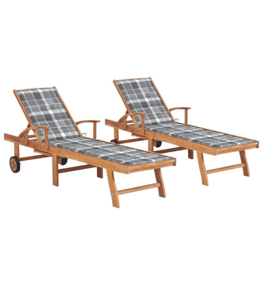 vidaXL Chaises longues 2 pcs avec coussin carreaux gris Teck solide