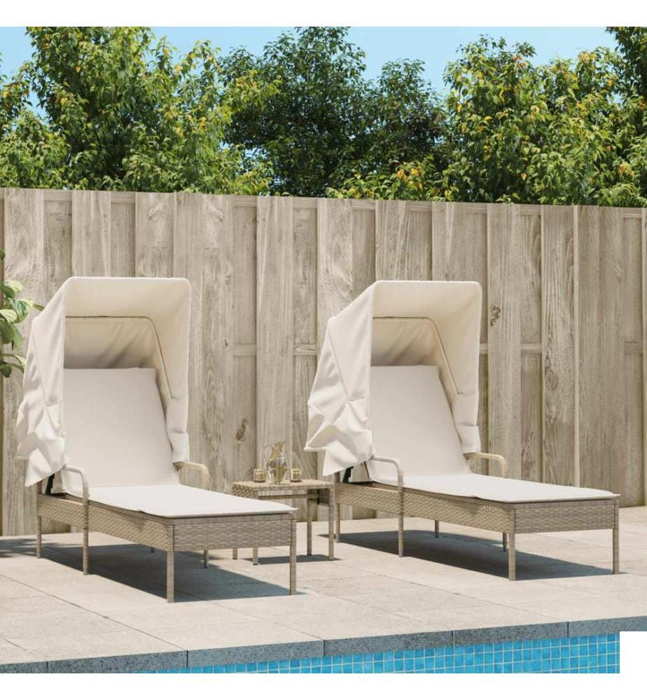 vidaXL Chaises longues lot de 2 avec auvents et table beige poly rotin
