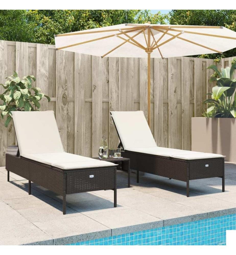 vidaXL Ensemble de chaises longues et coussins 3 pcs marron poly rotin
