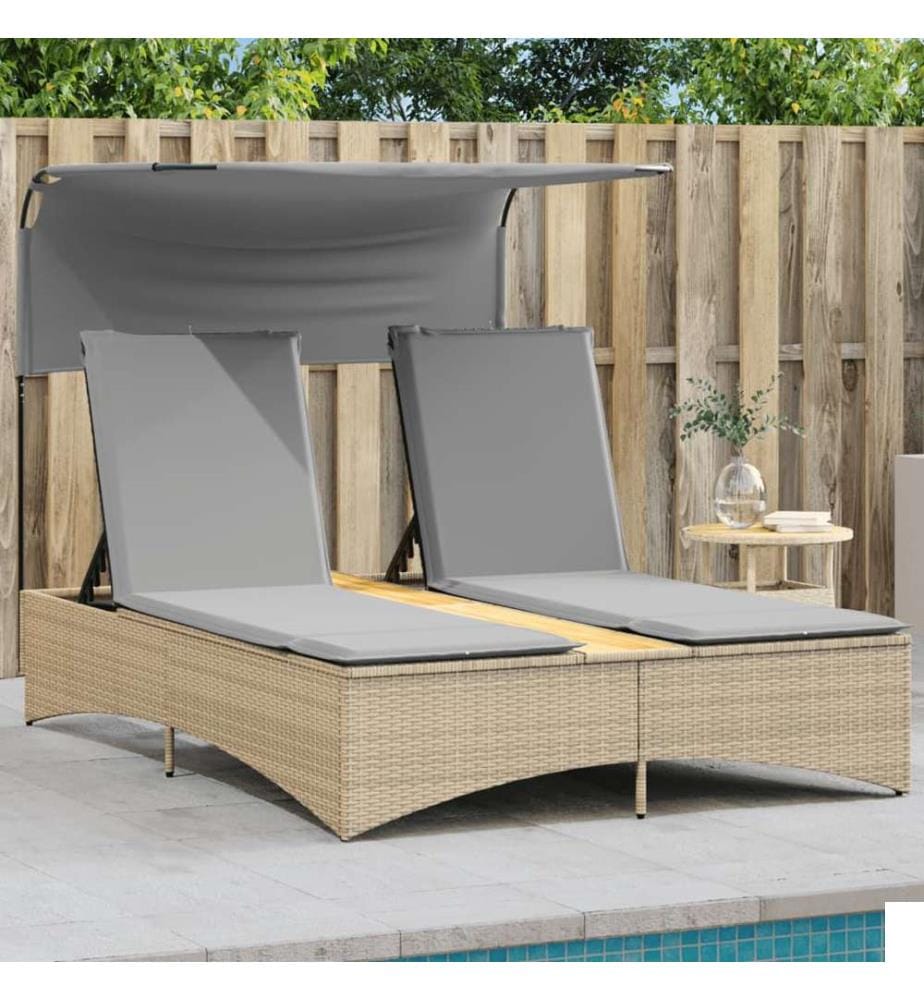 vidaXL Chaise longue double et auvent et coussins mélange beige rotin