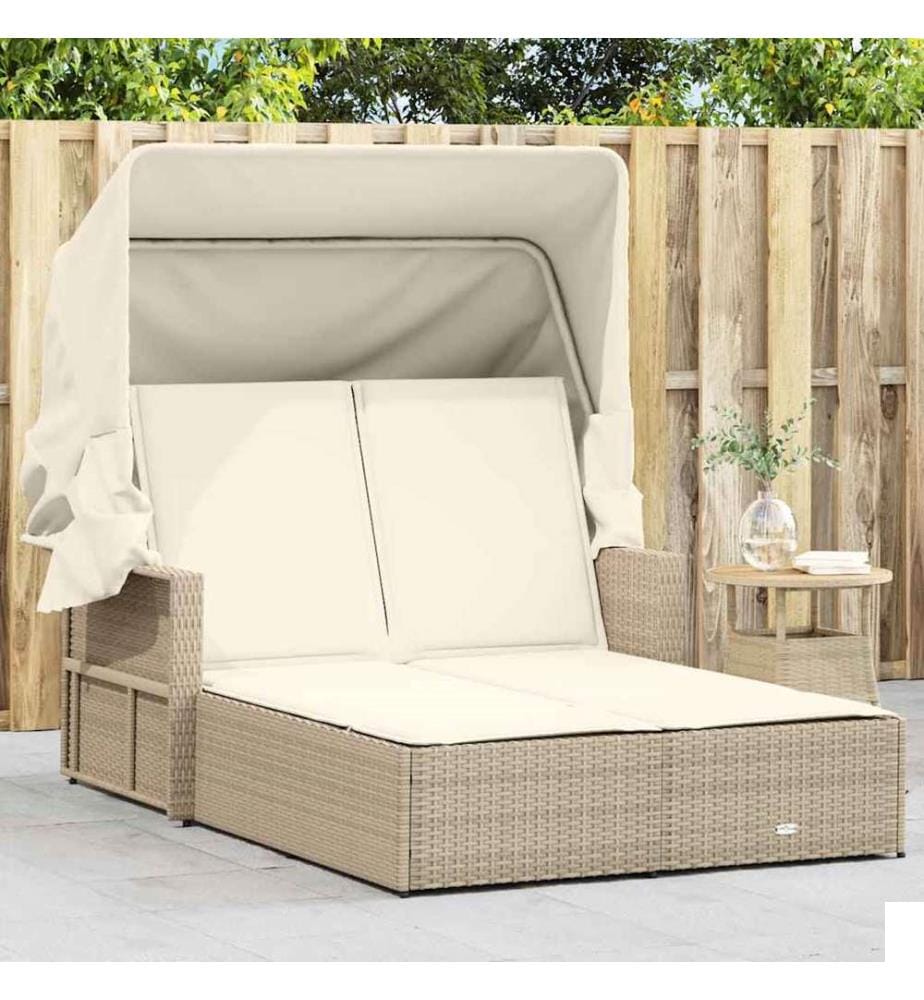 vidaXL Chaise longue double avec auvent et coussins beige poly rotin