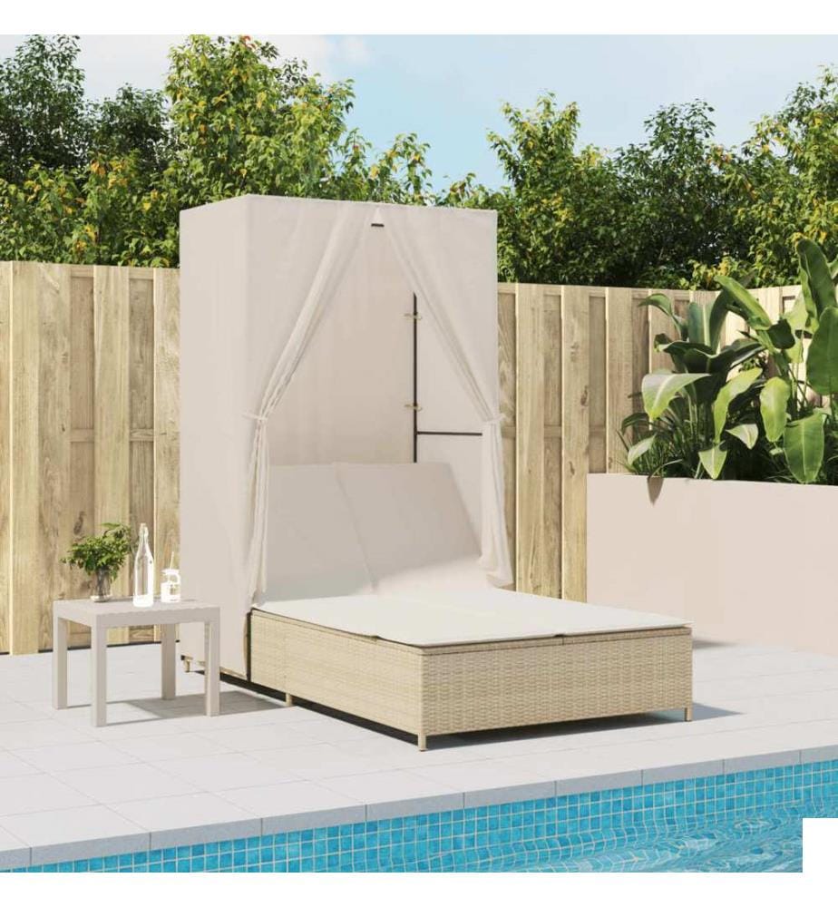 vidaXL Chaise longue double avec toit et rideaux beige résine tressée