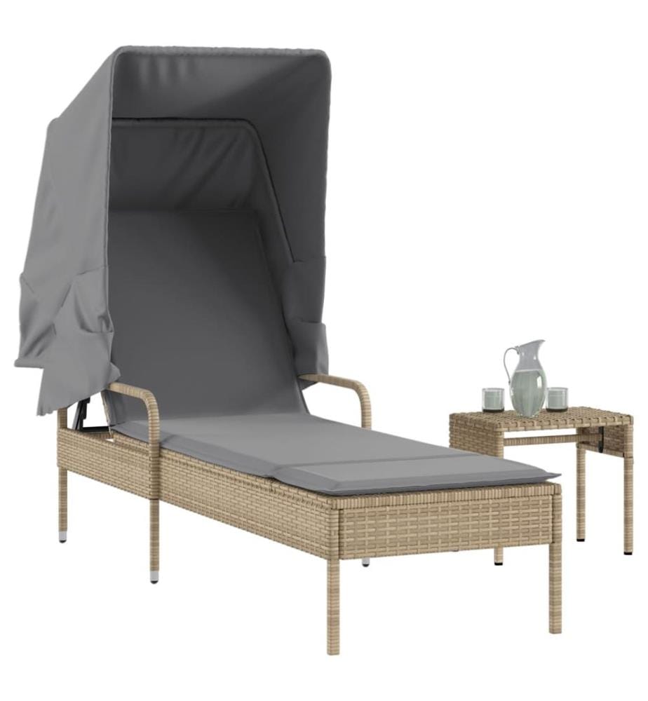 vidaXL Chaise longue avec auvent et table beige résine tressée