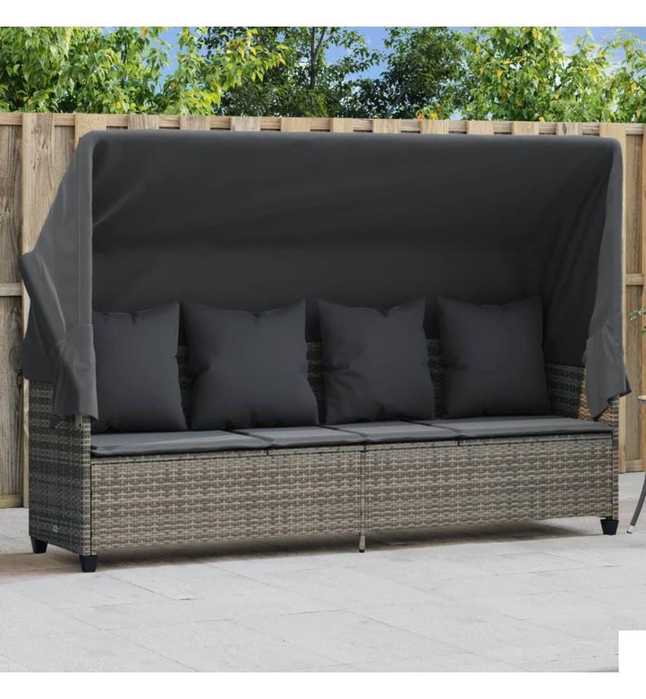 vidaXL Chaise longue avec auvent et coussins gris résine tressée