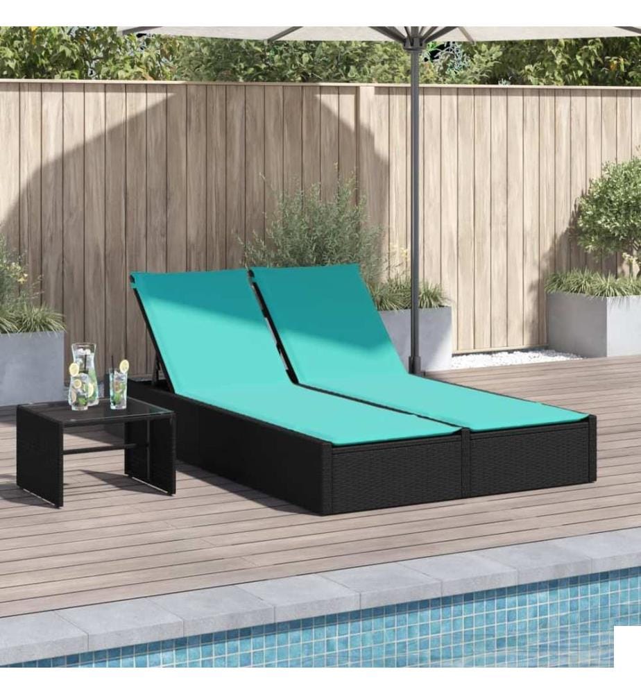 vidaXL Chaise longue double avec coussins en polyrotin noir